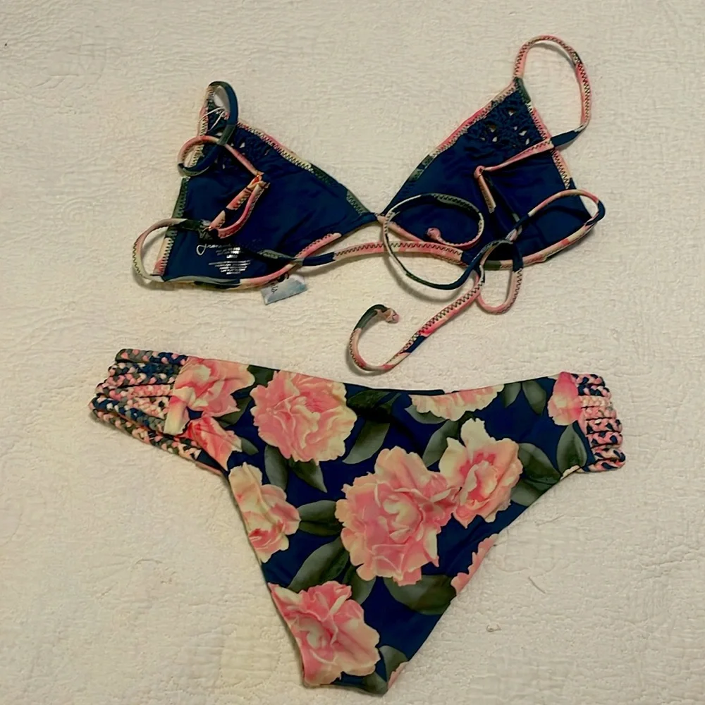 NWT Frankie’s Bikini Teal embroidery with pink roses L Top, M Bottom Set